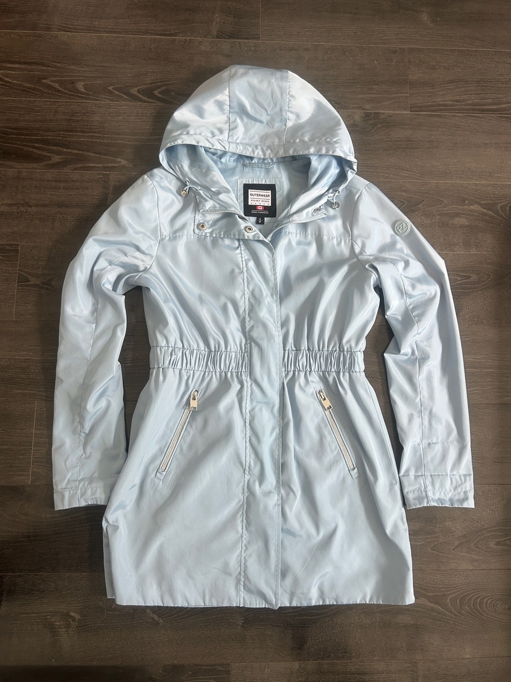 Point Zero Women's Light Blue Hooded Utility Rain Jacket Size S